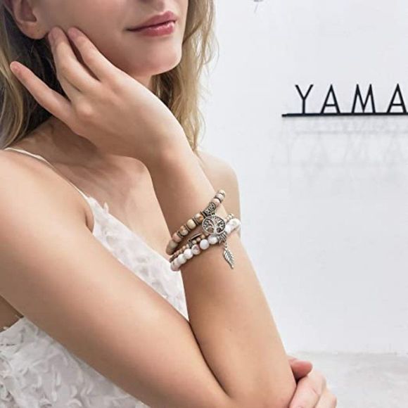 Tree of Life Turquoise Jasper & Tibetan Agate Gemstone Chakra Beaded Bracelet - Picture 3 of 5